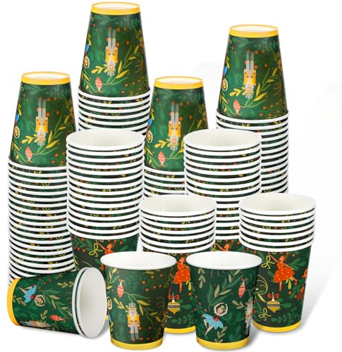 Hushee 50 Stück grüne Nussknacker Party 266 ml Einweg-Weihnachtsbecher Weihnachten Pappbecher Weihnachten Kaffeetassen Trinkgeschirr zum Trinken von Tee Heiße kalte Getränke Urlaub Xmas Dekoration