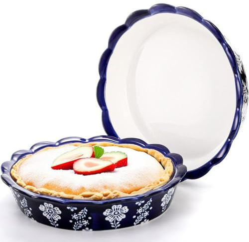 Tosnail 2 Pack 9.5 Ceramic Pie Pan, Deep Pie Dish, Fancy Pie Plates, Nonstick Large Quiche Pan Round Baking Dish for Fruit Tarts, Apple Pies, Cakes, Quiches