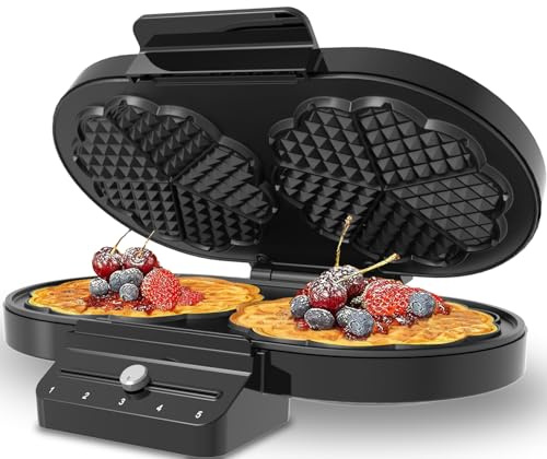 Electric Waffle Maker Heart-Shaped: 2 Non-Stick double-Side Heating Plates with 5-Setting Adjustable Browning Control for Fast Heating - No Flip Design & Compact Storage for Busy Families