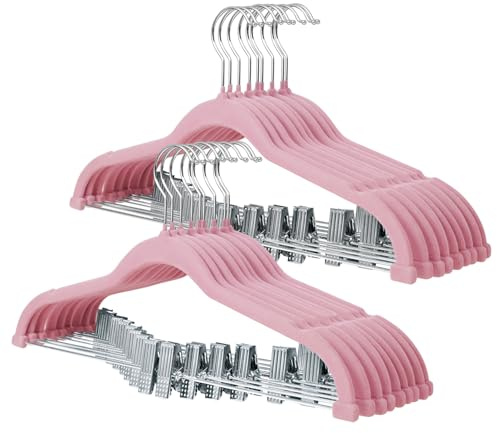 ManGotree Cintres pour Pantalons avec Pinces Mobiles, cintres en Velours antidérapants, cintres Peu encombrants pour Chemises, Pantalons, Robes, Jupes, Manteaux (18 Paquets, Rose)