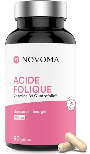 NOVOMA Acide Folique 400 µg, Vitamine B9 Quatrefolic®, Conception & Début de Grossesse, Complément Alimentaire Femme Enceinte, Cure de 3 mois, 90 Gélules, Fabriqué en France