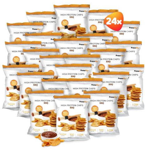 Supplify 24x50g High Protein-Chips vegan mit BBQ Geschmack - Low Carb Eiweißchips zum Abnehmen - Proteinchips kalorienarm, Fitness Snack Alternative