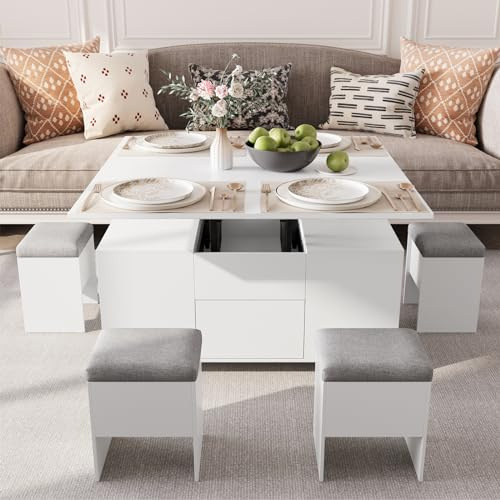 VOWNER Lift Top Coffee Table, Coffee Table with Storage, 4-in-1 Multifunctional Coffee Dining Table Convertible, Extendable, with 4 Stools, 108Lx105Wx68H cm, White