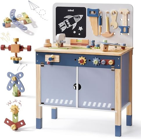 ROBUD Holzspielzeug Werkbank, Großes Kinder Holz Spielwerkzeug, Pretend Play Creative Building Set, Construction Workshop Tool Bench Toys, Geschenk für Mädchen Jungen 3+