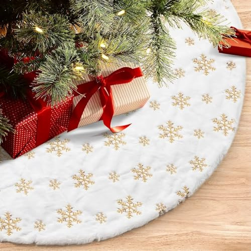 Antesen 90cm Christmas Tree Skirt Gold Snowflake White Faux Fur Thick Plush Xmas Tree Skirt Ornaments for Holiday Christmas New Year Party Home Decoration