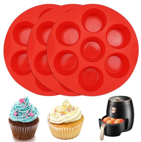 Jinsion 3 Pezzi Stampo Muffin Friggitrice Ad Aria, 7 Fori Teglia in Silicone Antiaderente, Mini Teglia Da Forno per Cupcakes, Brownies, Torte, Budini, Airfryer