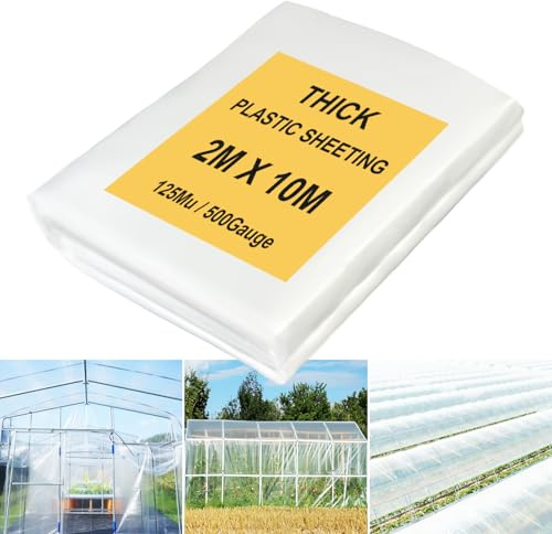 JNBGTU Plastic Sheeting Heavy Duty Polythene Sheeting, Thick Large Clear Plastic Dust Waterproof Sheets, Garden Grow PE Cover Sheets for Gardening Insulation Building Rubble Protection (Clear 2X10M)