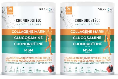 GRANIONS - CHONDROSTEO - Collagene Marin + Magnesium + Vitamine D + Calcium - Articulations Douloureuses - Collagen Hydrolysé + MSM + Glucosamine Chondroïtine - Vitamine D3- Lot de 2 - Pot 280g x2