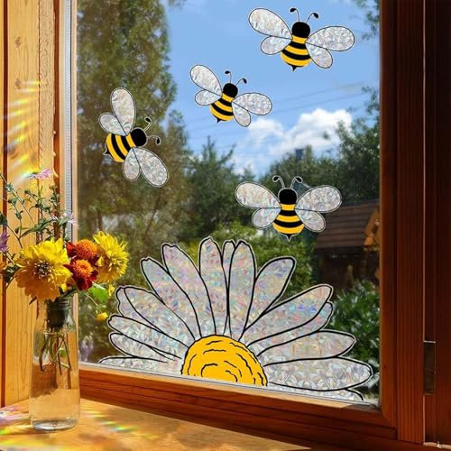 BelleVive 5 Stück Fensteraufkleber mit Frühlings- und Sommermotiven, Bienen und Sonnenblumen, doppelseitige Glasaufkleber, glänzende Fensteraufkleber in Regenbogen-Prismaform