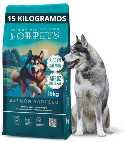 Pienso para Perros con Salmón Noruego 15 kg | Articulaciones, Piel Sensible y Pelaje Brillante | Digestión Sensible con Arroz Integral y Omega 3 | Sin Gluten Adultos Razas Medianas y Grandes | FORPETS