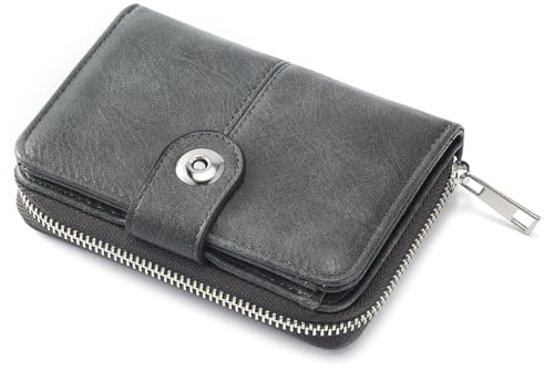 ANYWN Geldbörsen Damen mittelgroß, Portemonnaie Damen mit Kartenfächer und Großes Zipper Münzfach, RFID-blockierende Geldbeutel Frauen mit Reißverschluss und Druckknopf Grau