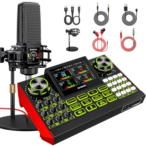 Podcast equipment bundle with live sound card audio mixer, podcast equipment with 3.5mm microphone, soundboard for phone, computer, live streaming, singing, recording, and content creation.