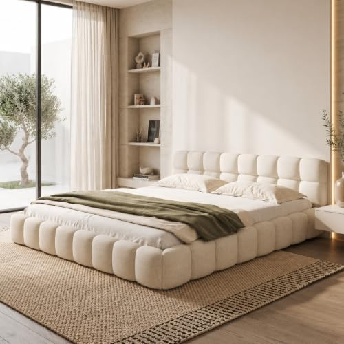 BRILVERDE Cama tapizada de 160 x 200 cm, cama doble con cabecero suave, cama juvenil, marco de cama con somier, lino, sin colchón (beis, 160 x 200 cm)