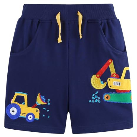 JinBei Pojkshorts, sommar, bomull, korta byxor, barn med fickor, baggy shorts, pojkar, elastisk midja, sportbyxor, fritidsshorts, grävmaskin och dinosauriemönster, mörkblå, GR. 92-122, 110-116