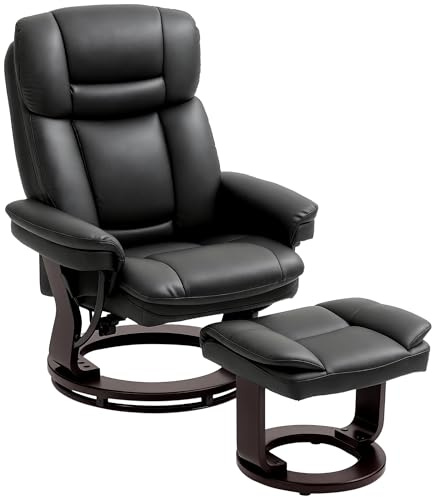 HOMCOM Relaxsessel mit Hocker, 360° Drehbarer Fernsehsessel, Schwarz | Liegefunktion, TV-Sessel mit Taschenfeder, für Wohnzimmer, Kunstleder