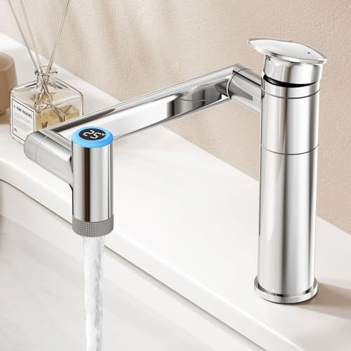 KAIYING 1080° Drehbare Wasserhahn Badezimmer, 1-Loch (Chrom) | Waschtischarmatur mit temperaturanzeige (batterielos). Höhenverstellbare waschtischarmaturen. 2 Modi waschbeckenarmatur bad.