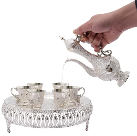 Kaffeetasse und Teekanne Set 25*7cm 250ml Großes Fassungsvermögen Luxuriöses Kaffeetassen-Set mit 6 Teetassen, Vintage Türkisches Kaffeekannen-Set für Wohnzimmer, Unternehmen (Silber und Weiß)