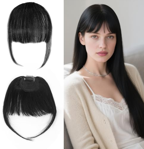 Clip in Pony 100% Echthaar Clip in Bangs haarverlängerung Pony mit Schläfen Pony Extension Echthaar für Damen (Schwarz)