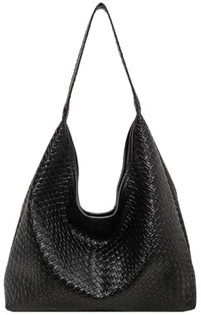 QIXUJAK Schultertasche aus gewebtem Leder für Damen, weiches veganes Leder, große Kapazität, Hobo-Tasche mit Tragegriff oben (Schwarz)