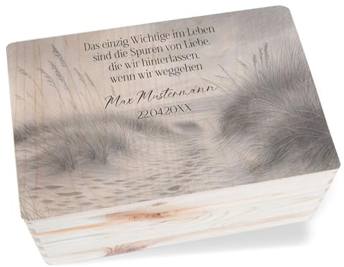 Holzkiste Erinnerungsbox - Trauer - Trauergeschenk Strand Dünen mit Trauerspruch und Name personalisiert I Beileidssprüche Geschenk Erinnerung an Verstorbene - 30x20x14 cm - Holz - trauerbox