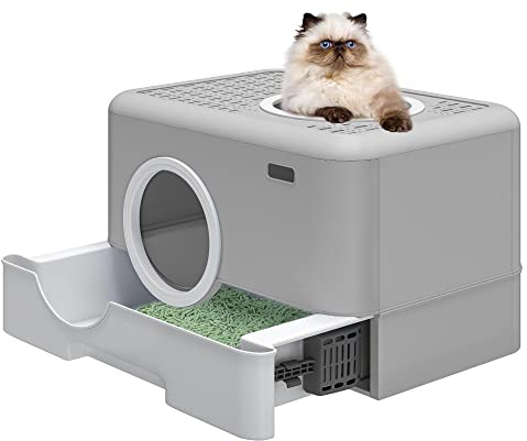 DWVO Geschlossenes Katzenklo mit Deckel, XXL Katzenklo Toilette mit Schaufel, Katzenklo Innentoilette, Geruchsverschluss, Einfachen Reinigung, 51 x 38 x 38 cm, Grau