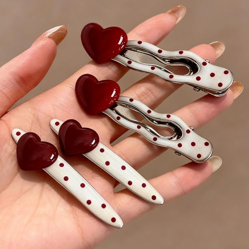 Rote Punkte 3D Herz Dekorativ Haarspangen Silber Metall Haarspange Hair Clips For Women Kawaii Weiden Welle Haarclips Haarklammer Damen Entenschnabel Alligator Hair Clip Haarschmuck Haar Accessoire