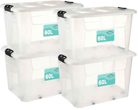 Optimal Products 60 Litre Pack Of 4 Plastic Storage Box Clear,Stackable Heavy Duty Multi-Purpose Stacking Strong Container,Boxes Lid Black Clip Lock Handles,Ideal For Home Office School Arts & Crafts