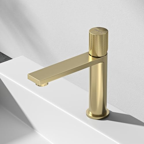 Mai & Mai Wasserhahn Bad 17,7cm hoch, Waschtischarmatur Gebürstet gold | Einhebelmischer Mischbatterie Bad Armatur aus Edelstahl mit Wassersparfunktion, DIN-Anschlüsse Fino-01