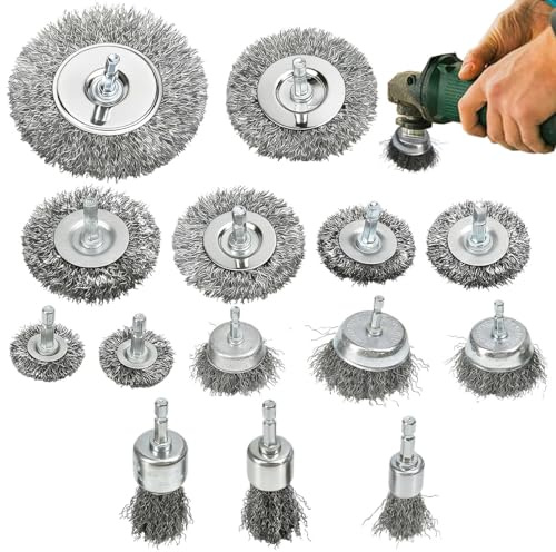 WANTOUTH 14 PCS Cepillos de Alambre para Taladros, Cepillos Metálicos para Taladro de 6 mm, Cepillo de Alambre para Limpiar Óxido, Cepillo Metálico con Vástago Hexagonal de 1/4in para Pulir y Lijar