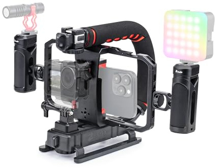 Zeadio Stabilizzatore palmare per fotocamera con supporto per gabbia video in alluminio per smartphone, tripla impugnatura a scarpa fredda, compatibile con tutte le fotocamere Action Camera DSLR