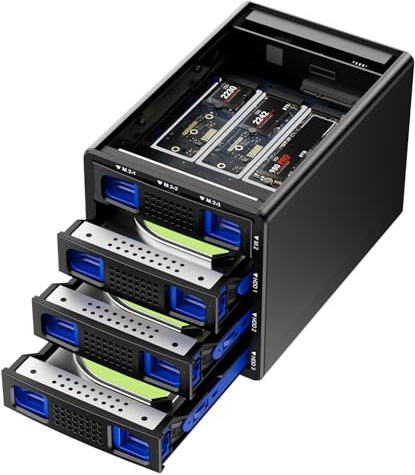 CENMATE Hybrid 3 x 2,5/3,5 tum SATA HDD/SSD+3 x M/B+M-nyckel M.2 NVMe-hölje med kylfläkt och USB A/C 3.2 Gen 2, hårddiskhölje stöder 90 TB (3 x 22 TB HDD+3 x 8 TB 2230/2242/260/280
