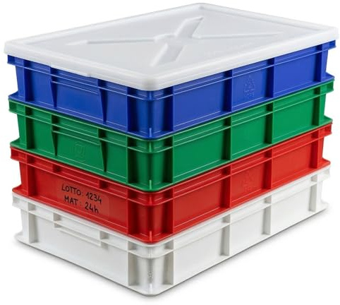 Kit 4 Cassette Porta Impasto Pizza Professionali 60x40x10 cm HDPE con Coperchio Set Multicolore Bianco Rosso Verde Blu per Lievitazione IMPASTI HACCP ANTICONTAMINAZIONE ALIMENTARI Capacità 20 Litri