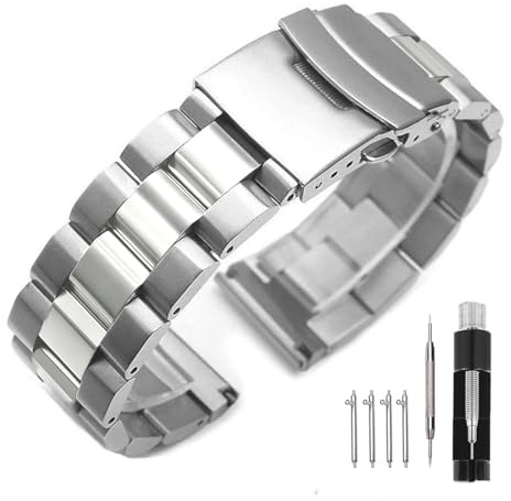 Kai Tian Uhrenarmband aus massivem Edelstahl, gebürstete Schnalle, Faltschließe, Armband für Damen und Herren, 18 mm, 20 mm, 22 mm, 24 mm, Schwarz, Silber