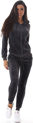 Jela London Damen Nicki Hausanzug Jogginganzug Velour Samt Jogging Freizeit Hose Kapuzen Jacke, Dunkelgrau, 38-40 (L)