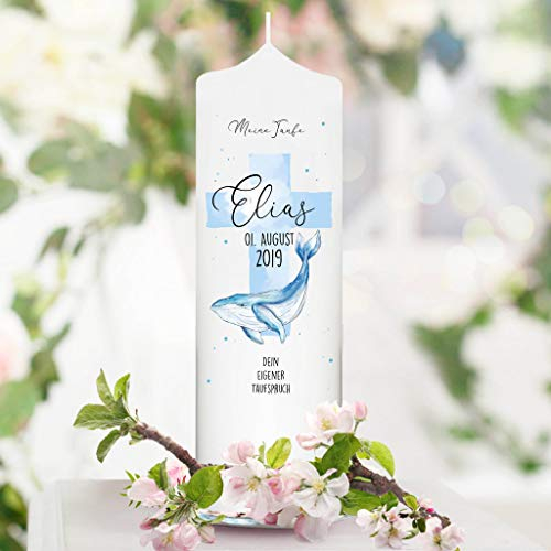 Wandtattoo Loft Taufkerze majestätischer Wal und blaues Kreuz - Kerze zur Taufe, Geburt oder Kommunion – weiß 25 x 7 cm mit Name, Datumund personalisiertem Taufspruch