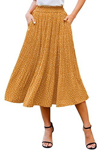 Zeagoo Womens Casual Boho Skirt Polka Dot High Waist Pleated A-Line Swing Midi Skirts with Pockets Yellow M