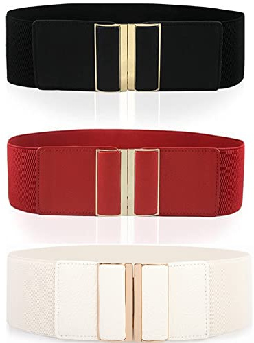Spydge 3 delar brett midjebälte vintage stretch klänningsbälte flera färger midjeband med metalliskt spänne för kvinnor flickor, Röd + vit+svart, one size