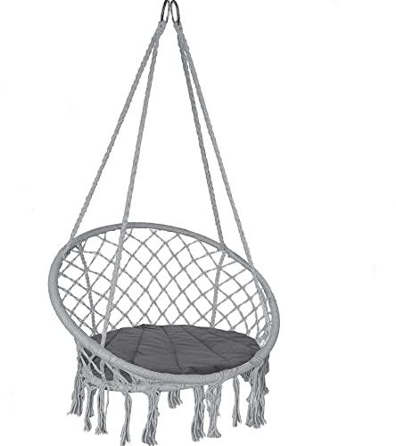 VOUNOT® Swing Chair with Round Seat Cushion, Macrame Hammock Hanging Chair for Indoor, Outdoor, Grey, One Size