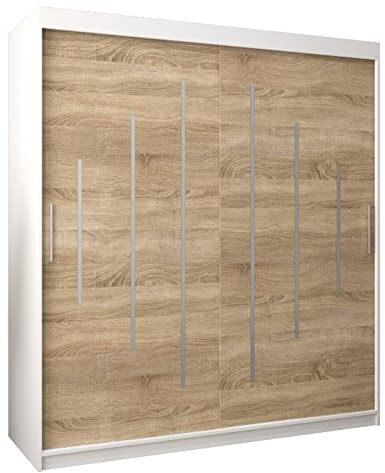 MEBLE KRYSPOL - Kleiderschrank, Schlafzimmerschrank - Schrank Zwei Türen - 4 Fächer rechts, Links, 2 Stangen, Fach - Garderobenschrank York, Körperfarbe Weiß, Frontfarbe Sonoma - 180x62x200cm