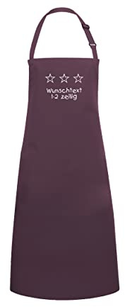 Schürze bestickt mit 3 Sterne +Name/Text, Schürze für Damen und Herren personalisiert (Aubergine mit Tasche)
