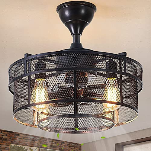 Ventilateurs Plafond avec Lumière et Télécommande Plafonnier Vintage Design Industriel Silencieux Fan Plafonnier Rétro cage en métal Lampe de Ventilateur Fan (D 50 * 50 * 27 E27)