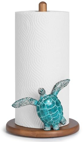 Turtle Paper Towel Holder - Coastal Decor for Home Ocean Decor Beach House Beachy Themed, Sea Turtle Gifts for Women, Cute Decorative Paper Towel Holder Stand Countertop Kitchen Nautical Teal Wood