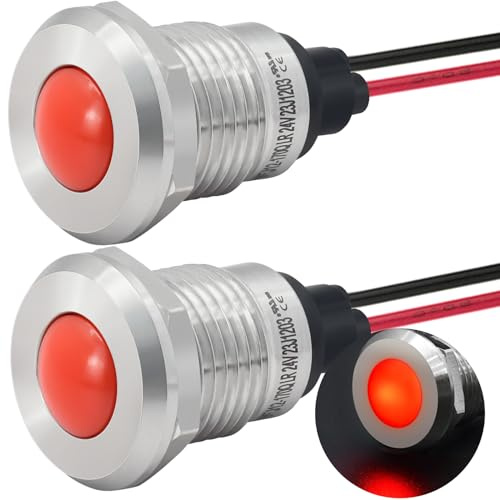 UL Listed Indicator Light 12mm 0.47 LED Lamp with 140mm/5.5 Wire Pilot Lights Waterproof IP67 Metal Stainless Steel Signal Indicator Lamp Panel 2PCS (Red, 110V-120V AC/DC)