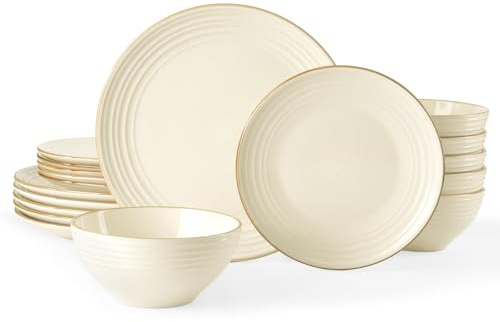 Famiware Jupiter Dinnerware Set, Plates and Bowls Dish Sets for 6 (18 Pieces), Microwave and Dishwasher Safe Stoneware Speckled Tableware, Chip and Scratch Resistant, Vanilla White