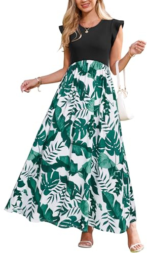 OUGES Sommerkleid Damen Lang Rüschen Maxikleid Elegant Sommer Kleid mit Taschen(Floral G,M)