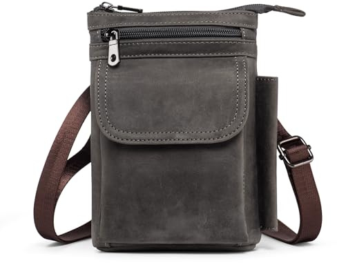 Hengwin Multifunktionale Echtleder Reißverschluss Taschen Männer Vintage Look Umhängetasche Handy Gürtel Tasche Telefon Holster für Reisen, Outdoor Aktivitäten (Grau)