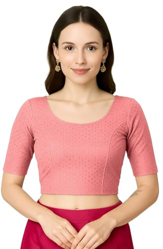 Jaanvi fashion Damen Rundhals Baumwolle Dobby Lycra Ellenbogenärmel Fertig Konfektionierte Saribluse, rose, S