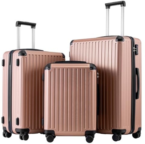 COOLIFE Koffer Trolley-Koffer Hartschalen-Koffer Rollkoffer Reisekoffervon ABS-Material mit TSA-Schloss Teleskopgriff und 4 Zwillingsrollen (Roségold, Koffer-Set)