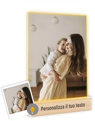 Lampada personalizzata con foto. Quadro personalizzato in metacrilato + base in legno. Crea regali originali personalizzati per donna, festa del papà, festa della mamma, natale, san valentino.