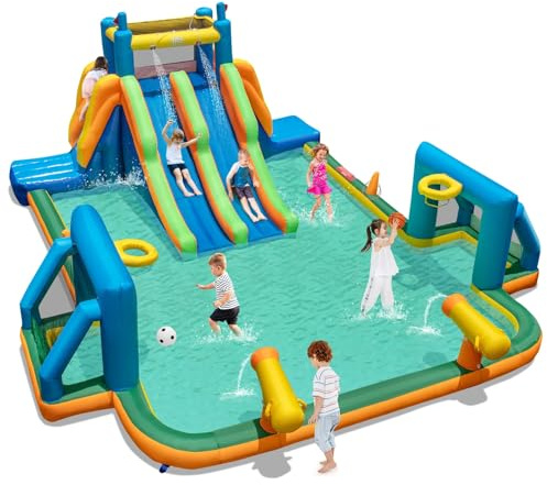 BOUNTECH Inflatable Water Slide, 19x17FT Mega Water Park with Dual Long Slides for Racing Fun, Double-Sided Climbing Walls, Large Deep Pool, Water Slides Inflatables for Big Kids Outdoor Backyard